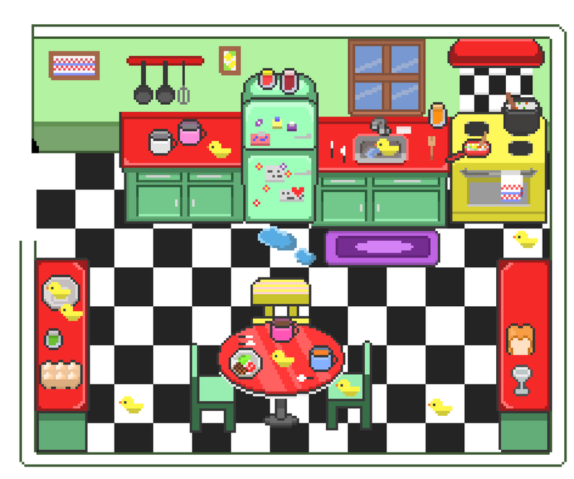 Pixel art de una cocina acogedora y caótica, donde los patitos mandan.